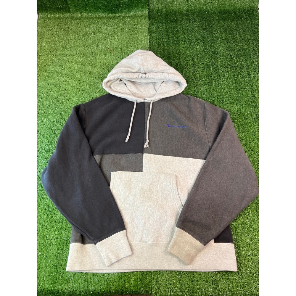 Champion Reverse Weave Hoodie‎ Mens LG Colorblock Patchwork Black Grey Pullover